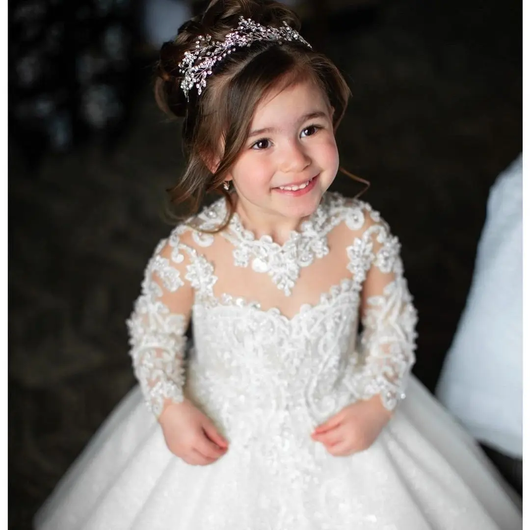 MisShow Princess Lace Flower Girl Dresses Long Sleeves Floor Length Pageant Dresses First Communion Dresses Ball Gowns For Girl