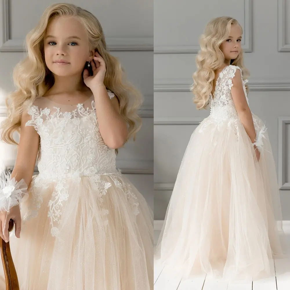 2024 Tulle Lace Flower Girl Dresses For Wedding Bridesmaid Kids Baby Children Long Princess Party First Communion Evening Dress