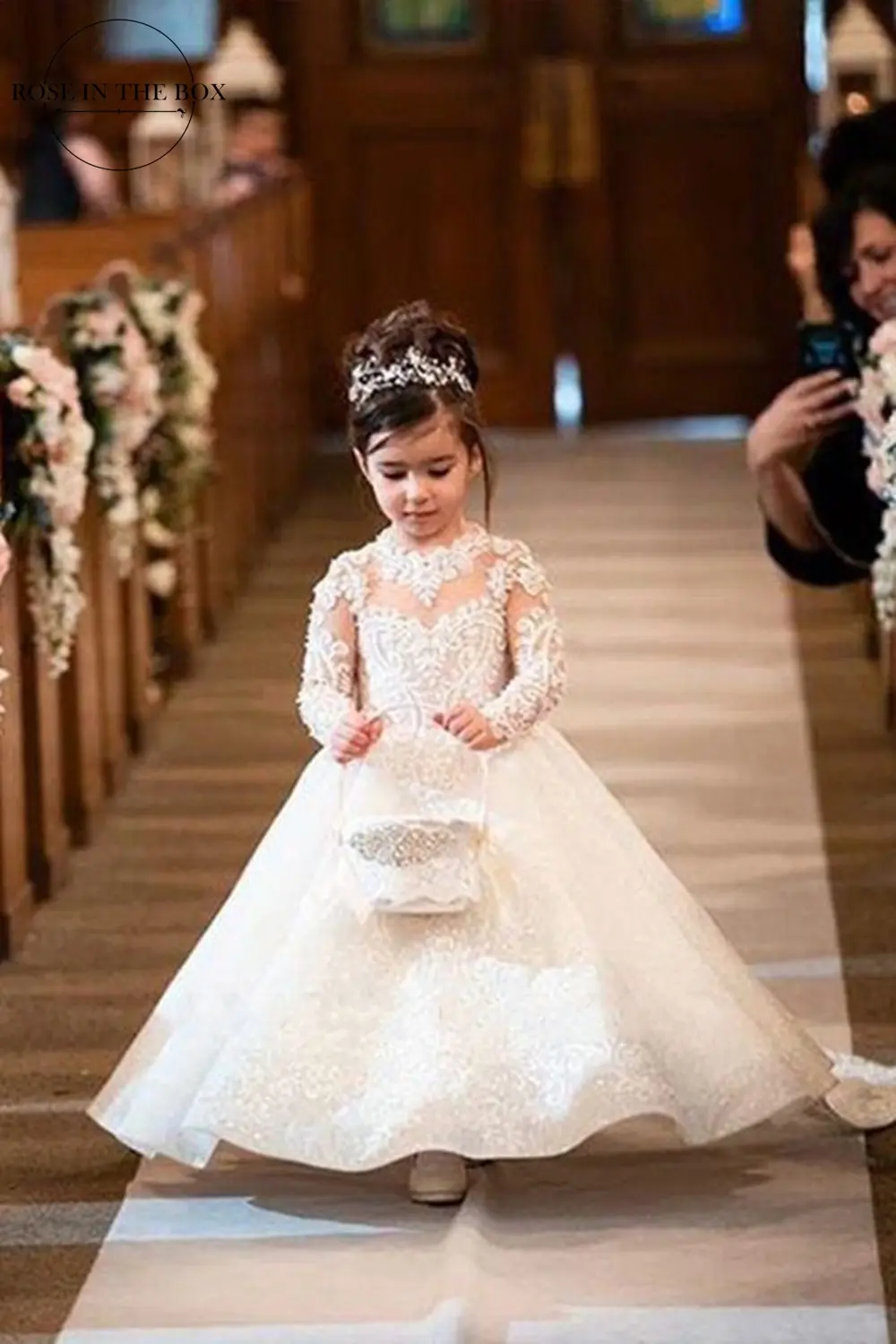 MisShow Princess Lace Flower Girl Dresses Long Sleeves Floor Length Pageant Dresses First Communion Dresses Ball Gowns For Girl
