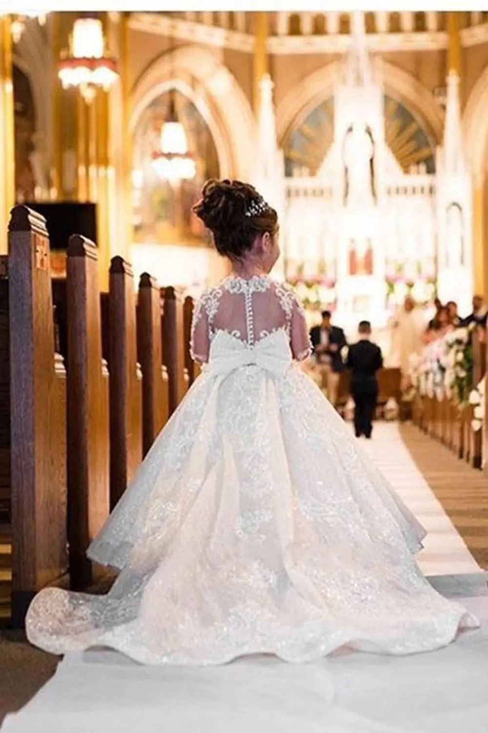 MisShow Princess Lace Flower Girl Dresses Long Sleeves Floor Length Pageant Dresses First Communion Dresses Ball Gowns For Girl