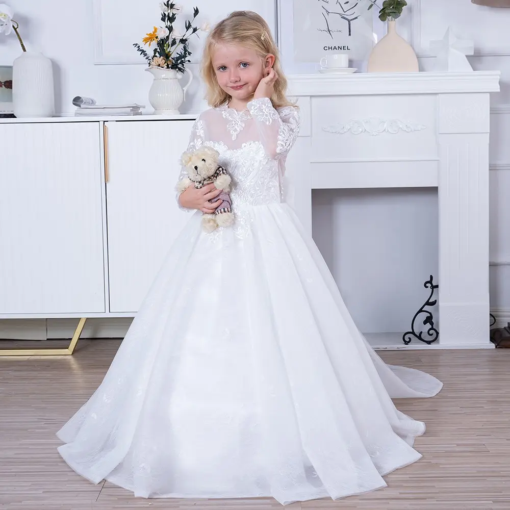 MisShow Princess Lace Flower Girl Dresses Long Sleeves Floor Length Pageant Dresses First Communion Dresses Ball Gowns For Girl