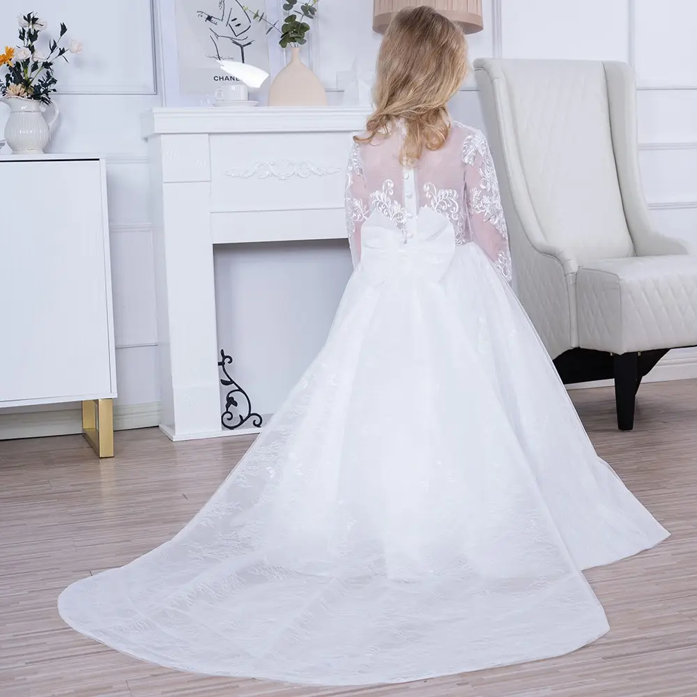 MisShow Princess Lace Flower Girl Dresses Long Sleeves Floor Length Pageant Dresses First Communion Dresses Ball Gowns For Girl