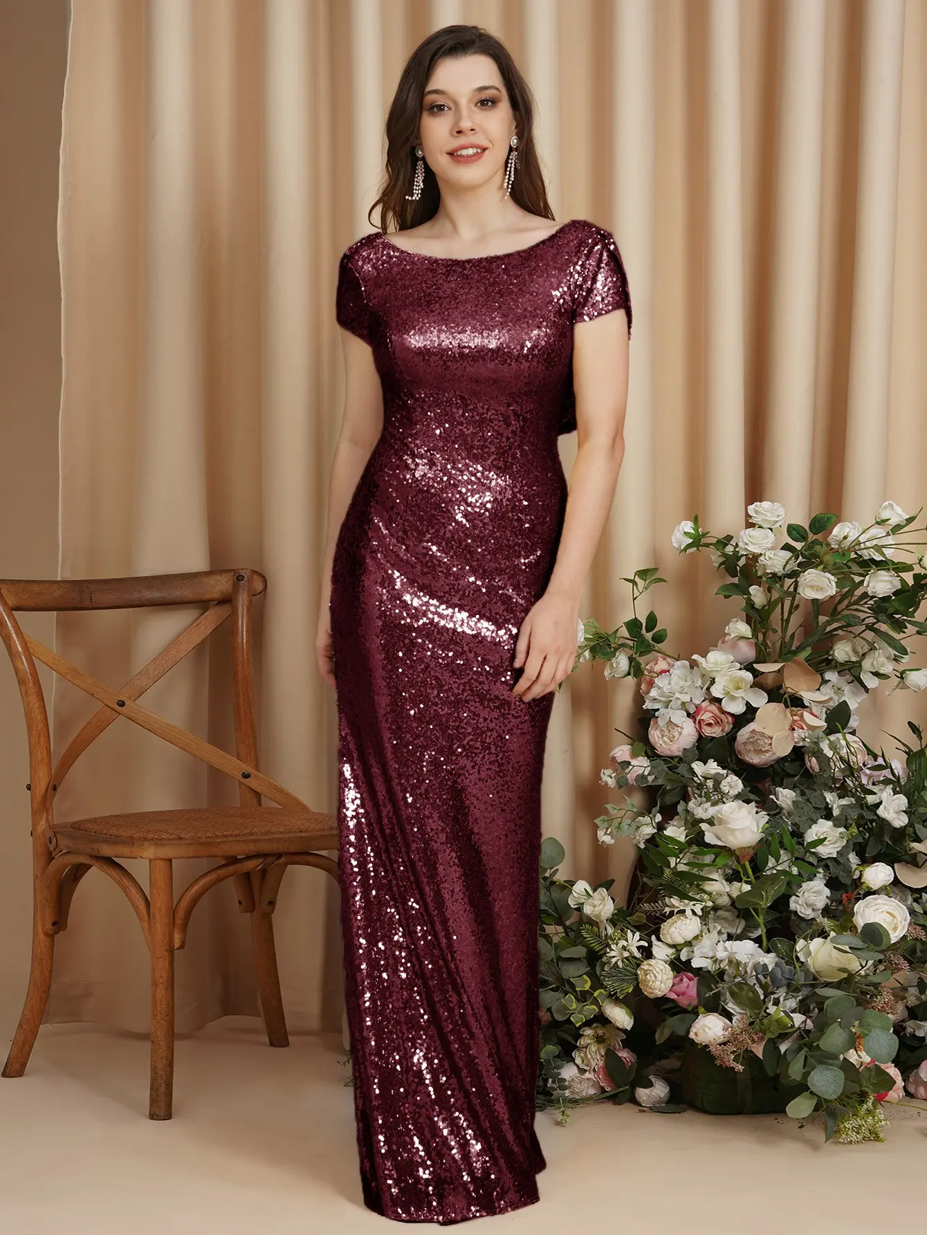 Champagne Sequins Bridesmaid Dresses Mermaid Rose Gold Short Sleeves O Neck Burgundy Summer Formal Wedding Party Guest Gown