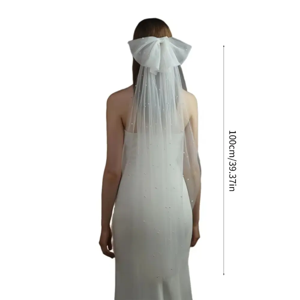 Luxury Bow Pearl Veil Ivory Pearls Beaded Tulle Brides Veil Fingertip Length Multi-layer Mesh Bridal Wedding Dress Veils Decor