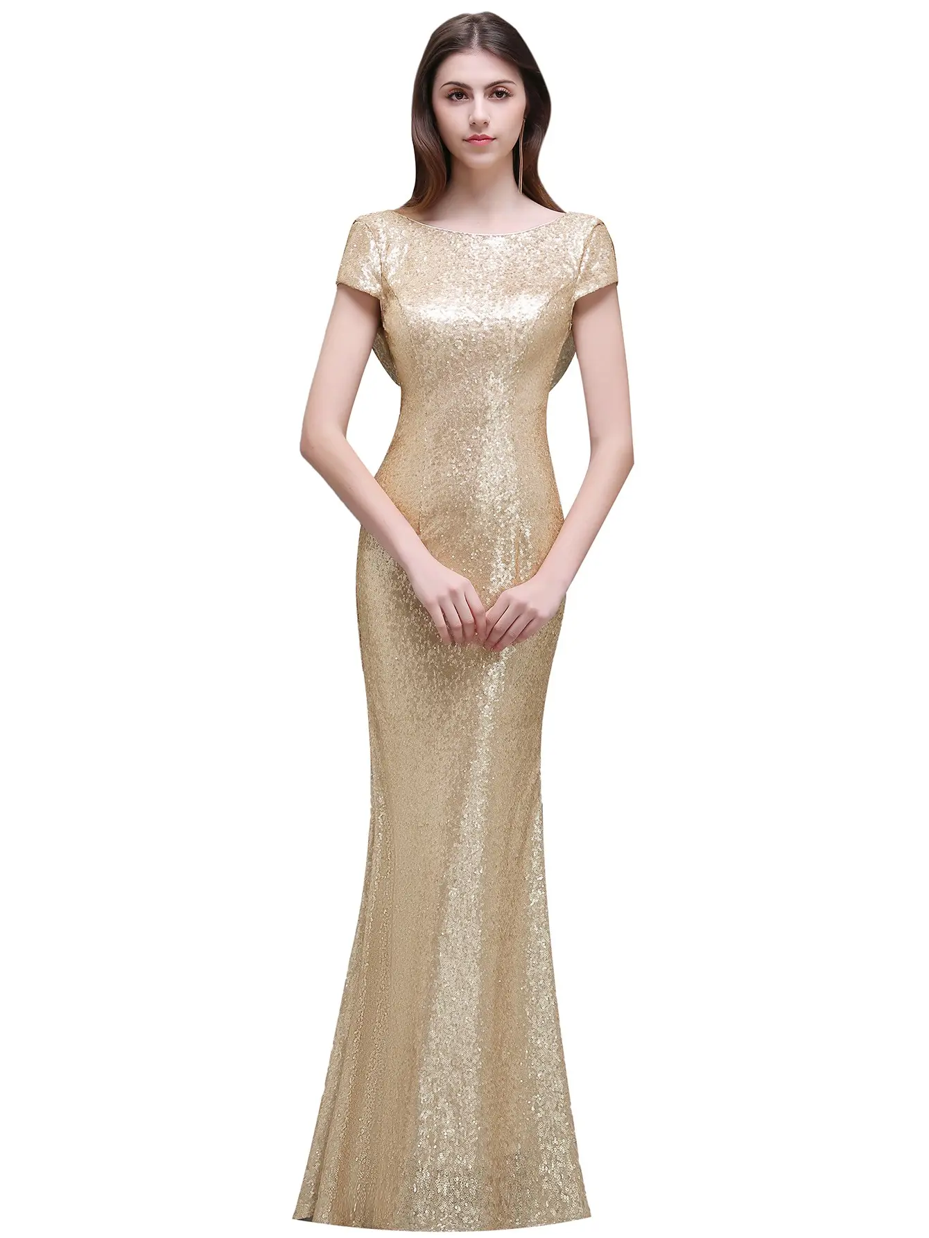Champagne Sequins Bridesmaid Dresses Mermaid Rose Gold Short Sleeves O Neck Burgundy Summer Formal Wedding Party Guest Gown