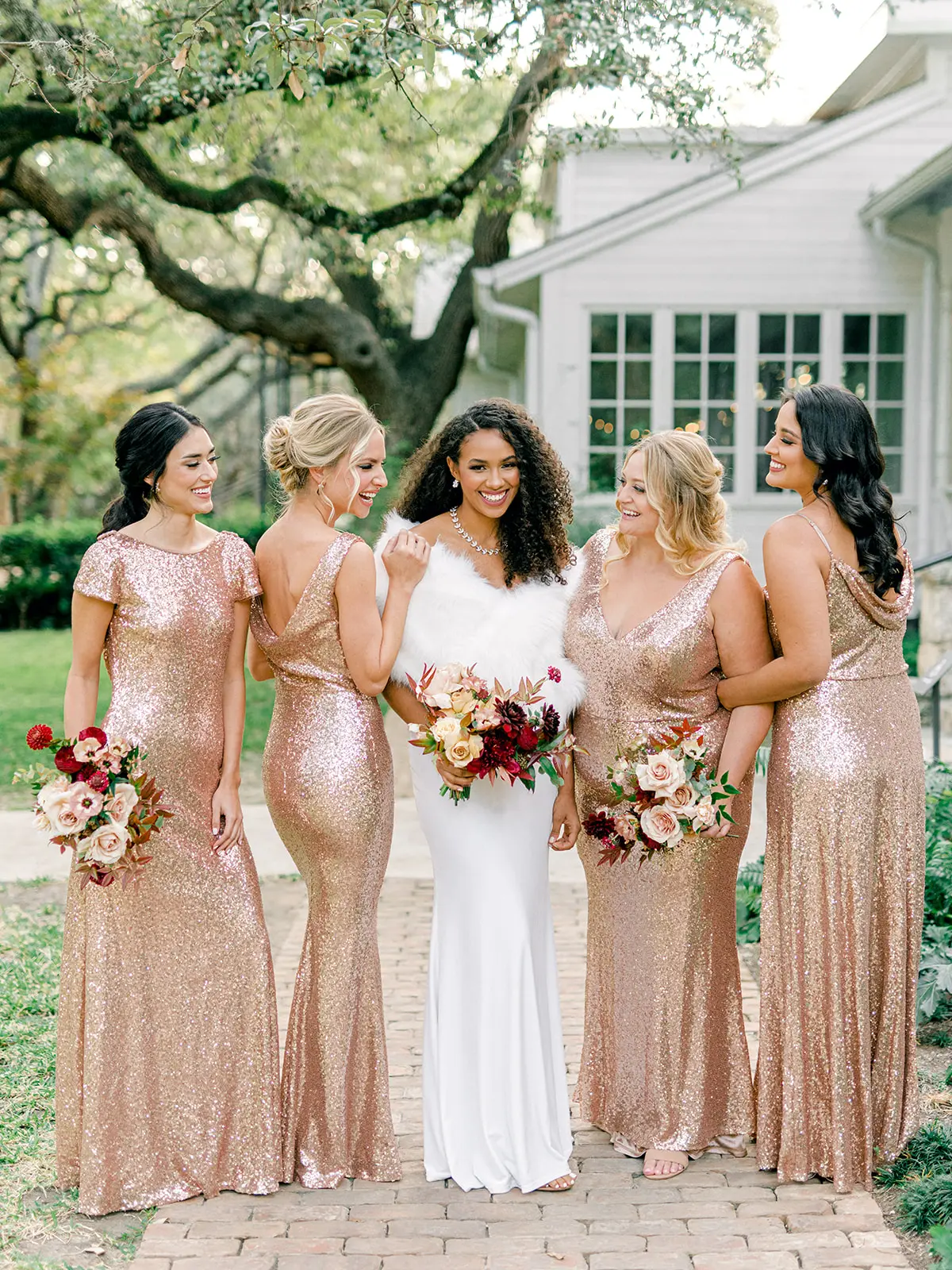 Champagne Sequins Bridesmaid Dresses Mermaid Rose Gold Short Sleeves O Neck Burgundy Summer Formal Wedding Party Guest Gown