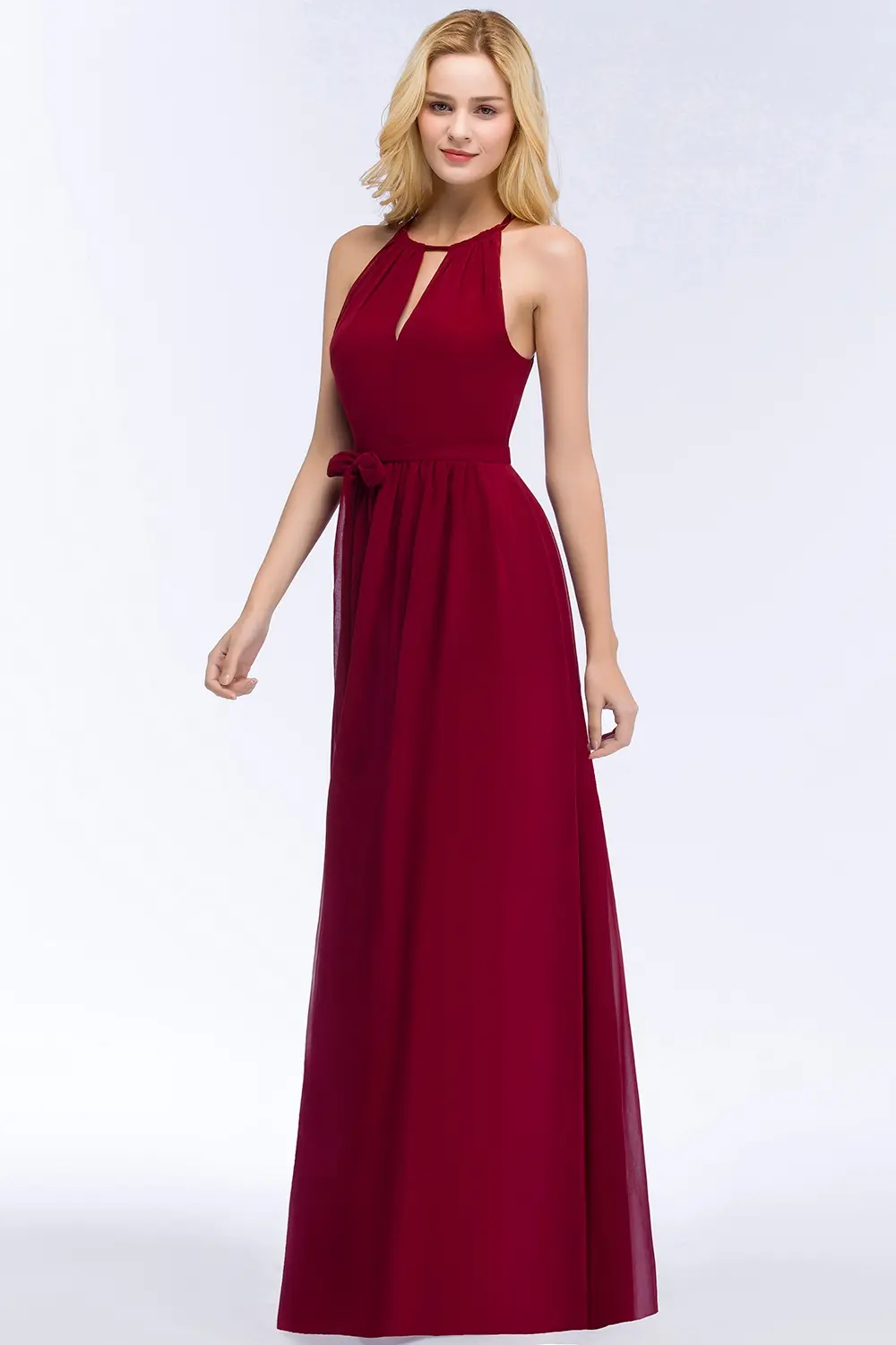 Long Chiffon Sky Blue Halter Bridesmaid Dresses For Women Cut-out With Belt A Line Sleeveless Formal Evening Wedding Party Gowns