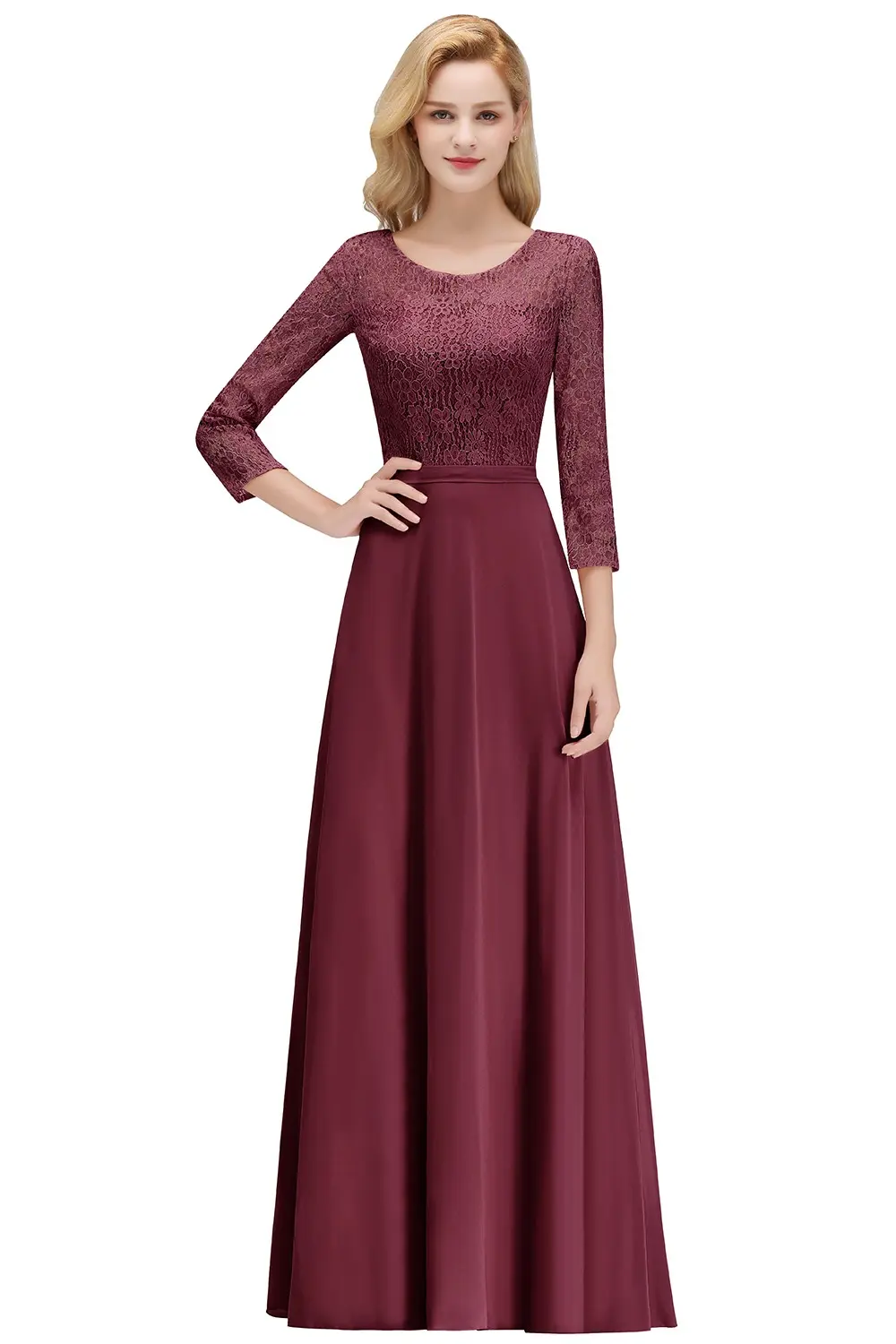 Lace Chiffon Long Bridesmaid Dresses Women A Line Illusion 3/4 Sleeve With Sashes Formal Evening Party Prom Gowns Robe De Soiree