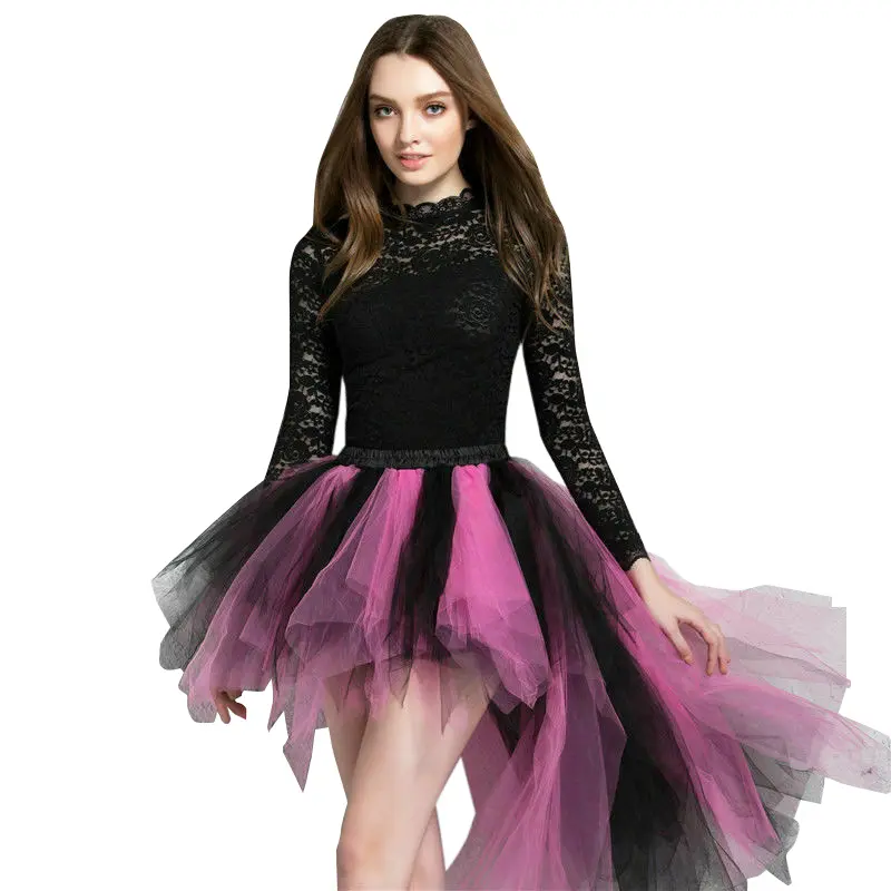 Tutu Skirts Tulle High Low Petticoat Women Irregular Pleated Bustle Fancy Dance Pettiskirt Cocktail Party Black Fuchsia Blue