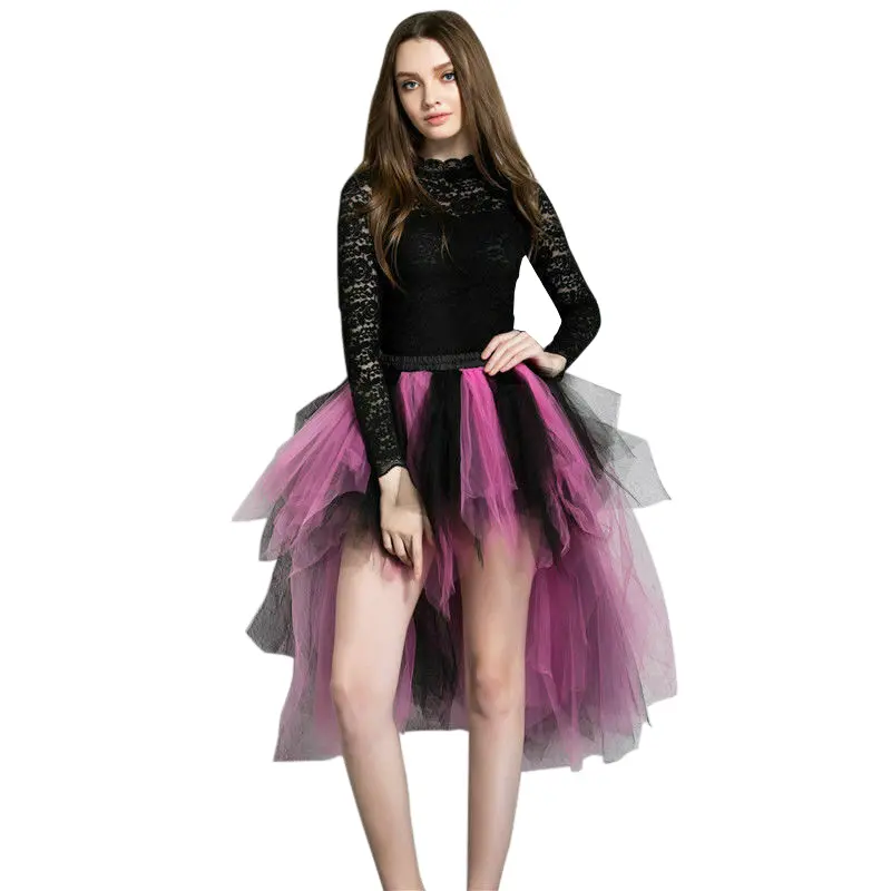 Tutu Skirts Tulle High Low Petticoat Women Irregular Pleated Bustle Fancy Dance Pettiskirt Cocktail Party Black Fuchsia Blue