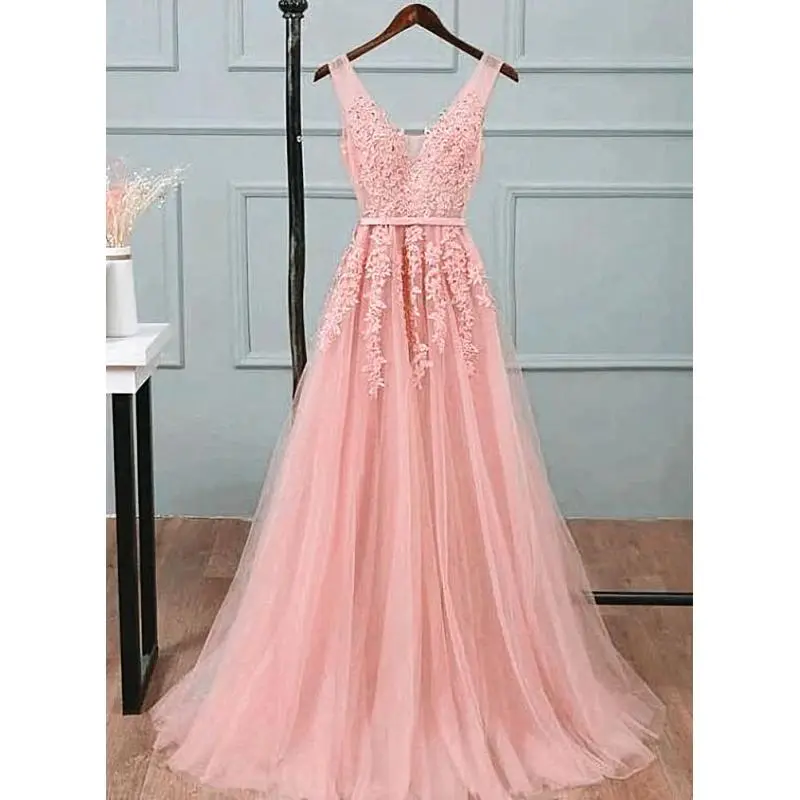 Beadeding Appliques Prom Dresses Elegant Tulle V-Neck Sleeveless Sexy Backless Evening Dress Princess Bridesmaid Dress Vestidos