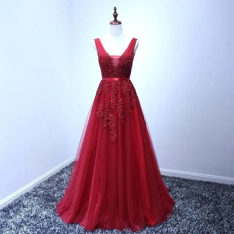 Elegant Tulle Sleeveless Silver Long Prom Dresses 2024 Applique V Neck Burgundy Evening Gowns Formal Party Vestido De Gala
