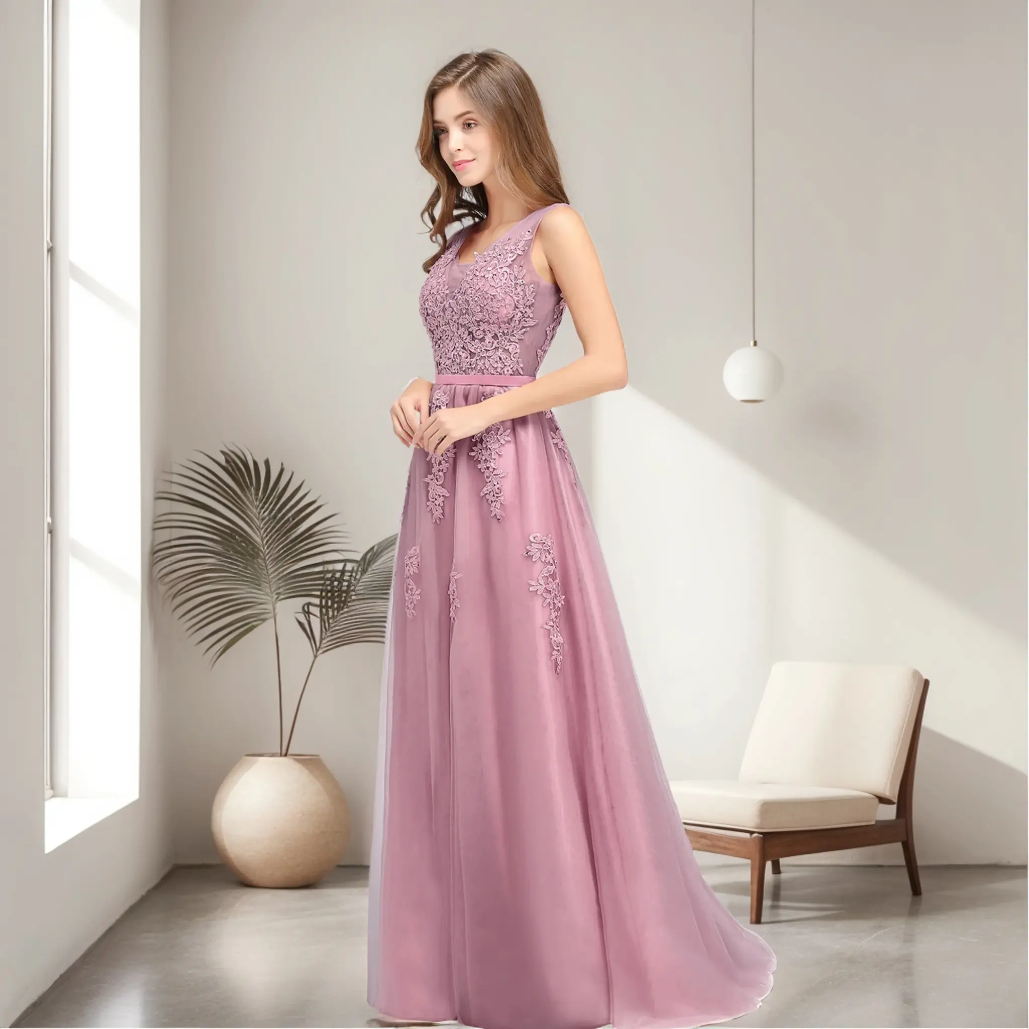 Beadeding Appliques Prom Dresses Elegant Tulle V-Neck Sleeveless Sexy Backless Evening Dress Princess Bridesmaid Dress Vestidos
