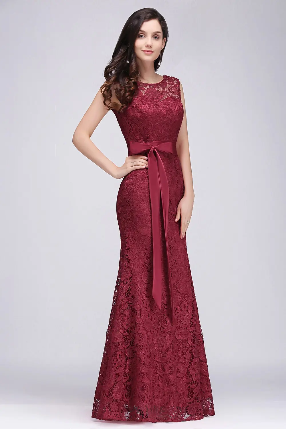 Burgundy Lace Mermaid Evening Dresses Elegant Appliques With Satin Bow Sashes Prom Gowns Formal Party Vestido De Gala For Bride