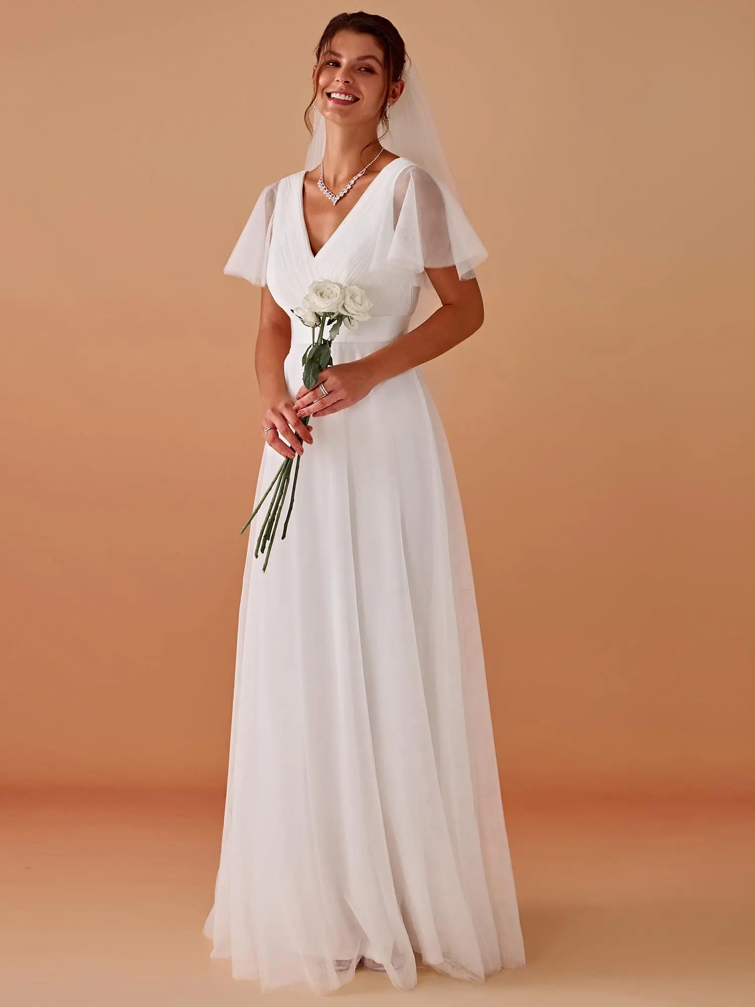 MisShow Elegant Wedding Dresses Ivory White Sexy V-Neck Backless Sheer Short Sleeve Bridal Gowns A-Line Maxi Womens Party Dress