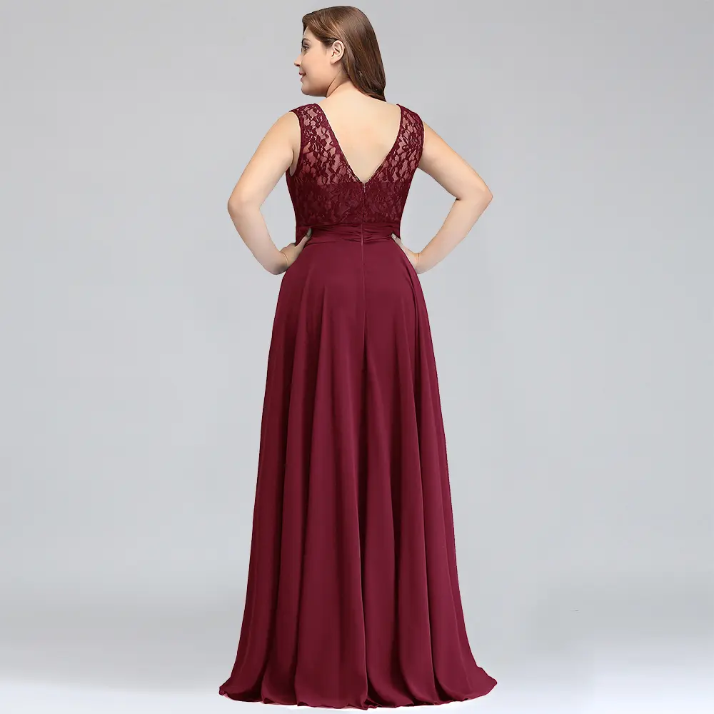 Burgundy Plus Size Bridesmaid Dresses Long V Back Sleeveless Evening Party Prom Gowns A-line Birthday Gift Women Robe De Soiree