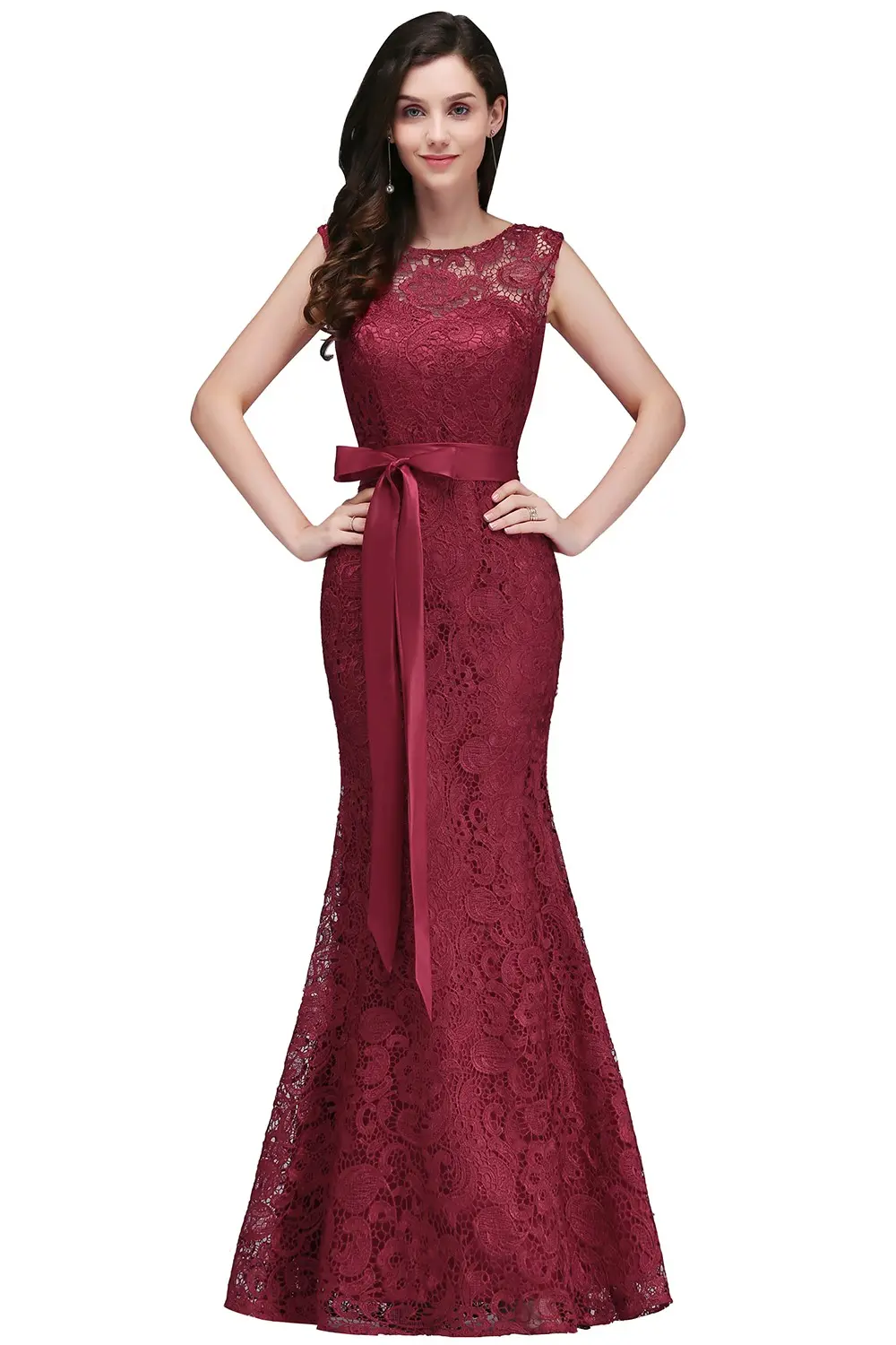 Burgundy Lace Mermaid Evening Dresses Elegant Appliques With Satin Bow Sashes Prom Gowns Formal Party Vestido De Gala For Bride