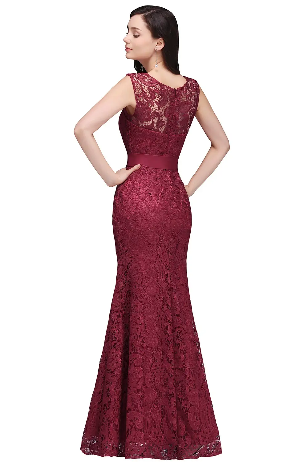 Burgundy Lace Mermaid Evening Dresses Elegant Appliques With Satin Bow Sashes Prom Gowns Formal Party Vestido De Gala For Bride