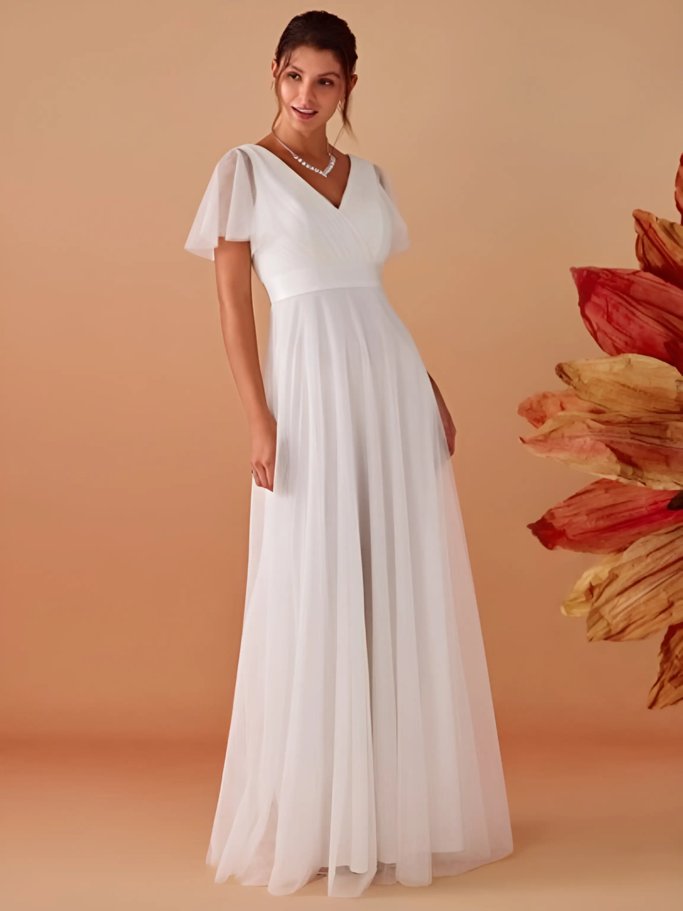 MisShow Elegant Wedding Dresses Ivory White Sexy V-Neck Backless Sheer Short Sleeve Bridal Gowns A-Line Maxi Womens Party Dress