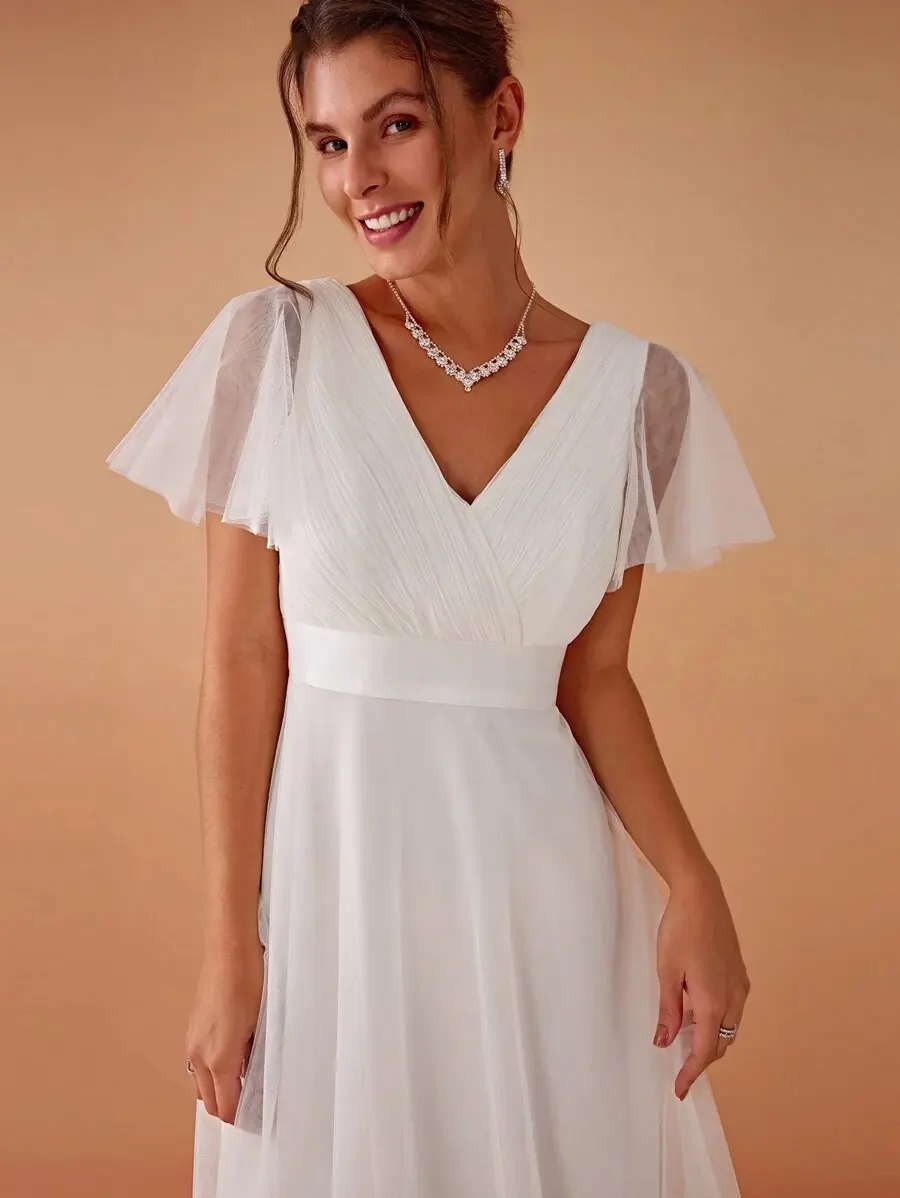 MisShow Elegant Wedding Dresses Ivory White Sexy V-Neck Backless Sheer Short Sleeve Bridal Gowns A-Line Maxi Womens Party Dress