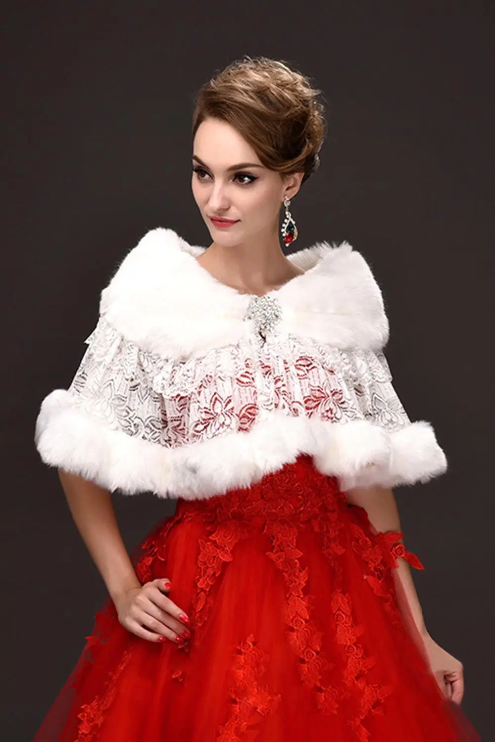 White Ivory Women Bridal Wrap Bolero Faux Fur Lace Crystal Autumn Winter Dress Shawl Jacket Cape Stole Cloak Wedding Accessories