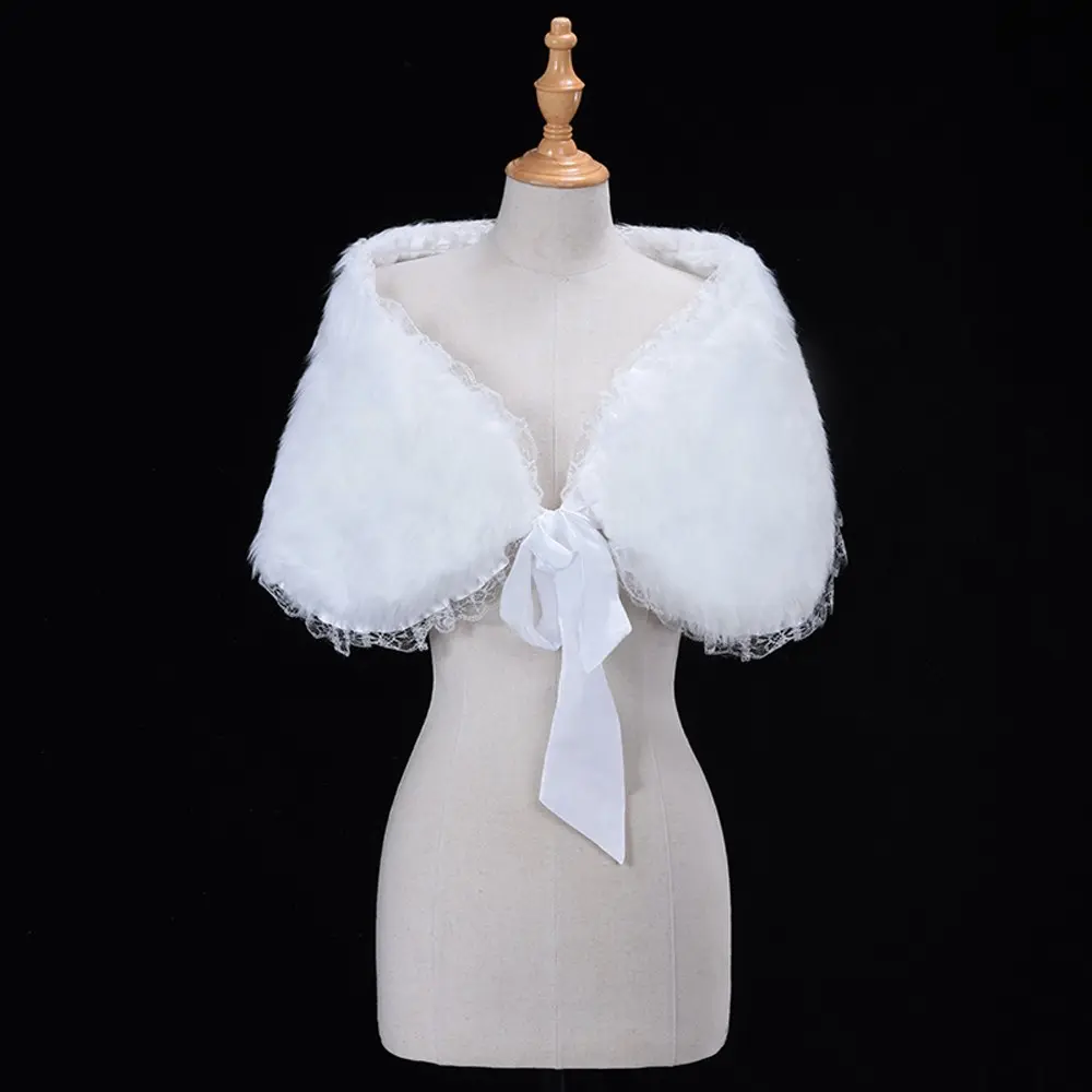White Ivory Women Bridal Wrap Bolero Faux Fur Lace Crystal Autumn Winter Dress Shawl Jacket Cape Stole Cloak Wedding Accessories