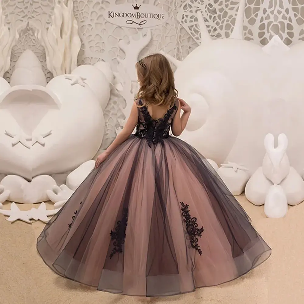 MisShow Princess Satin Beaded Floor Length Red Flower Girl Dresses Black Appliques Girls Pageant Dress First Communion Dresses