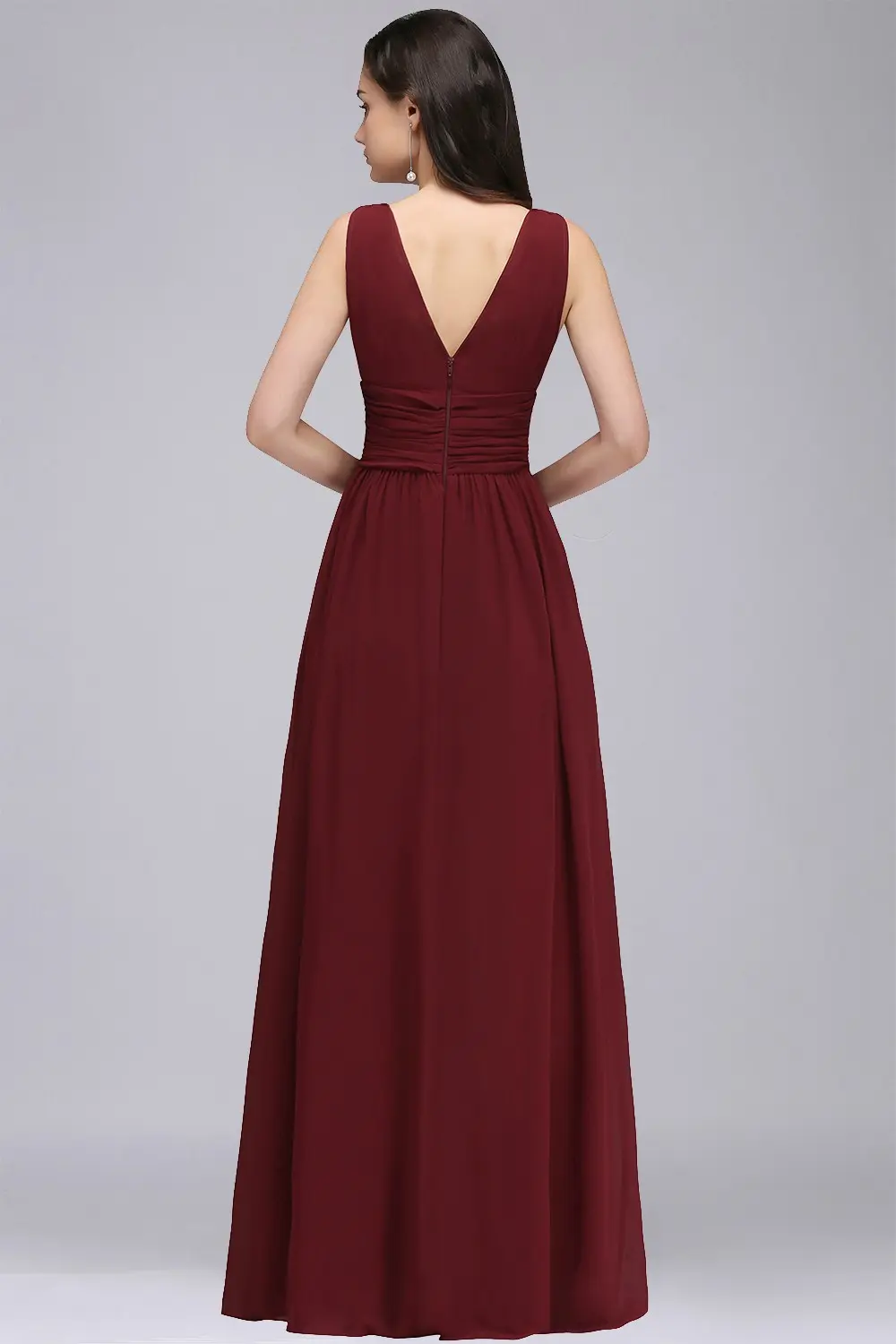 Elegant Burgundy V Neck Long Evening Dresses Summer Sleeveless Chiffon Ruched Formal Wedding Party Prom Gowns Vestido De Fiesta