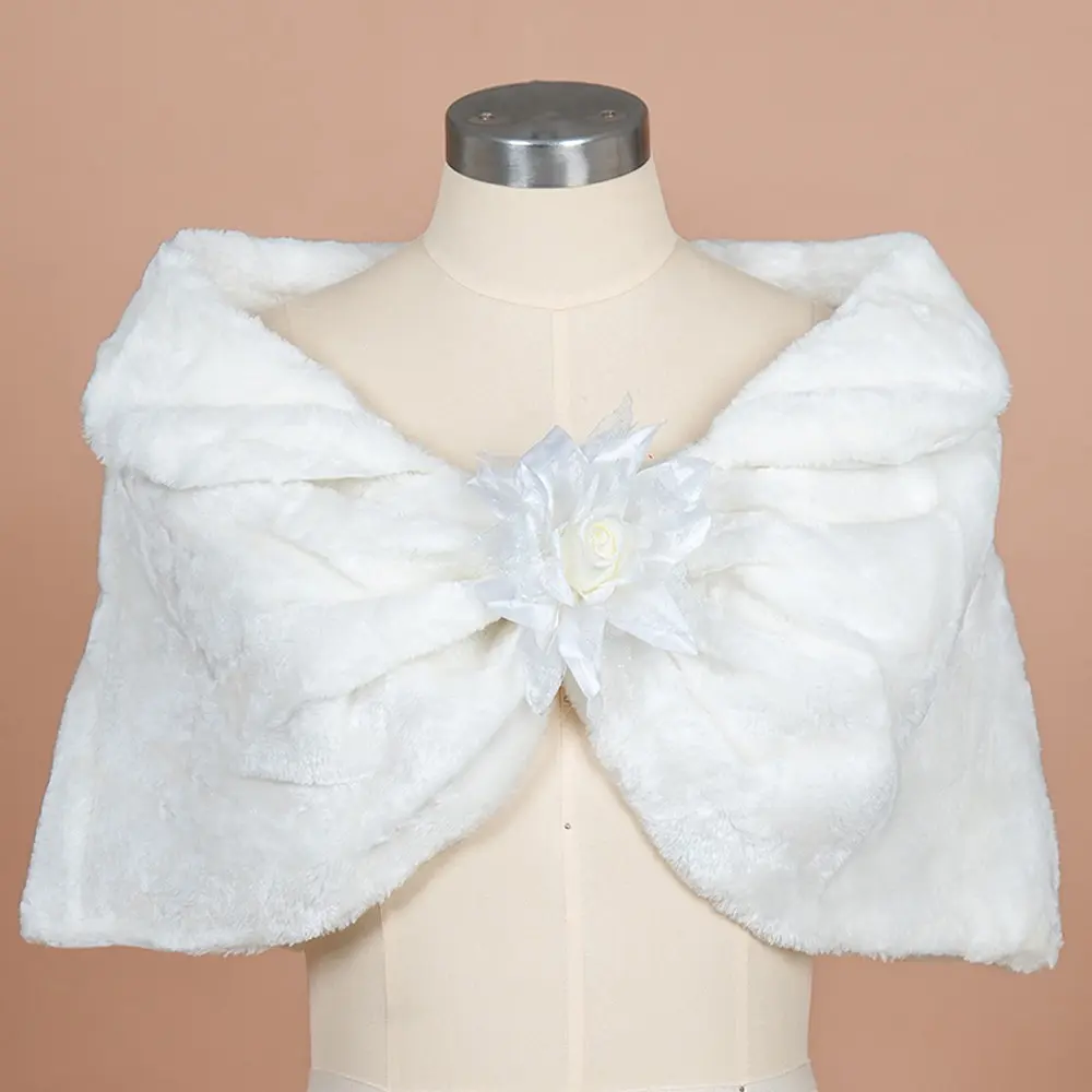 White Ivory Women Bridal Wrap Bolero Faux Fur Lace Crystal Autumn Winter Dress Shawl Jacket Cape Stole Cloak Wedding Accessories