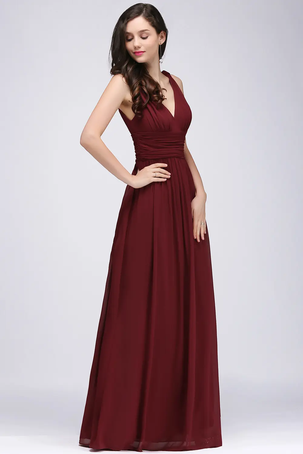 Elegant Burgundy V Neck Long Evening Dresses Summer Sleeveless Chiffon Ruched Formal Wedding Party Prom Gowns Vestido De Fiesta