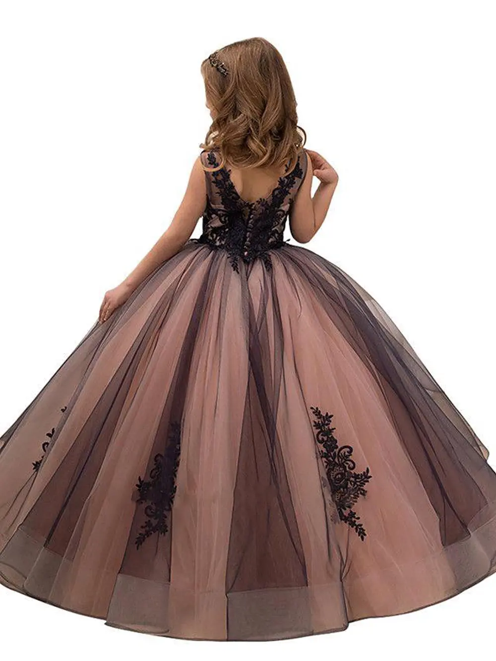 MisShow Princess Satin Beaded Floor Length Red Flower Girl Dresses Black Appliques Girls Pageant Dress First Communion Dresses
