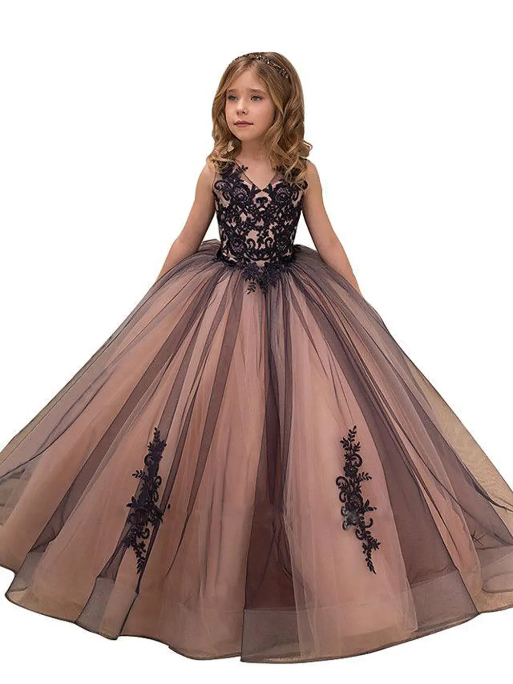 MisShow Princess Satin Beaded Floor Length Red Flower Girl Dresses Black Appliques Girls Pageant Dress First Communion Dresses