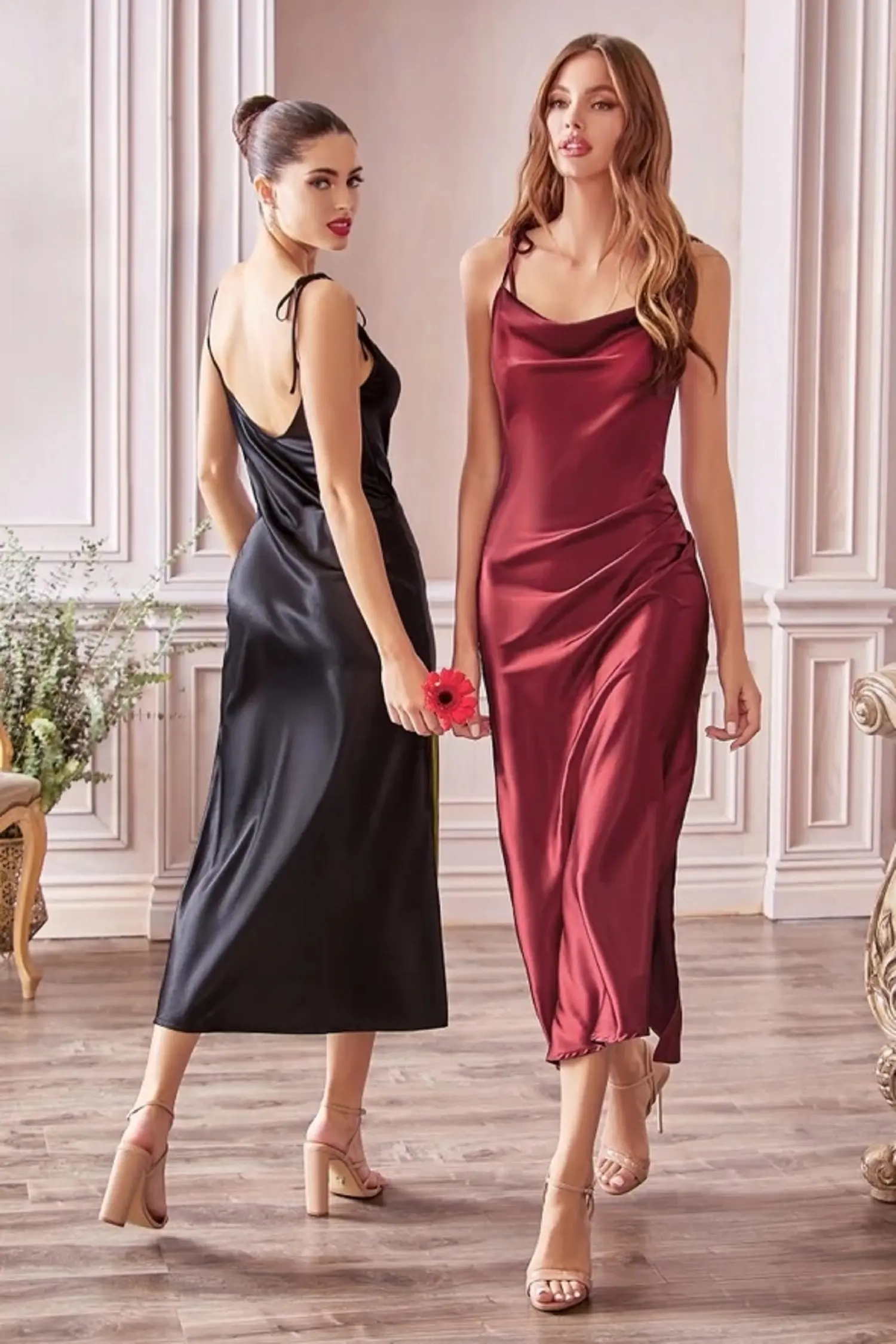 Satin Side Slip Evening Dresses Women Summer Midi Slim Fit Casual Cowl Neck Formal Cocktail Party Prom Gowns Vestidos De Fiesta