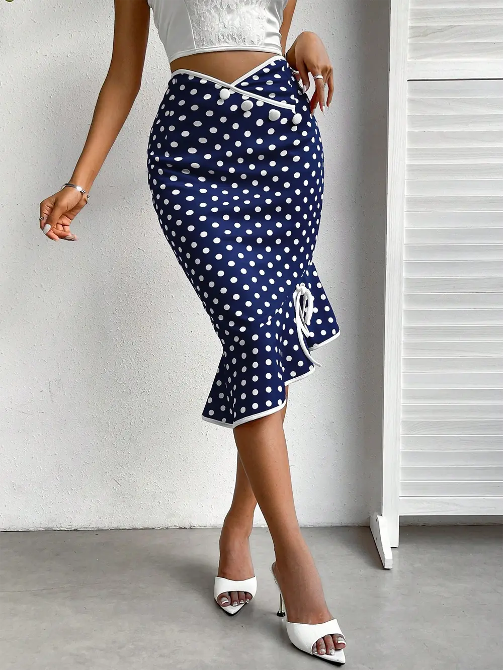 Vintage Navy Blue White Polka Dot Trumpet Maxi Skirt With Bow High Waist Fashion Bodycon Slim Fit Fishtail Skirt For Women Black