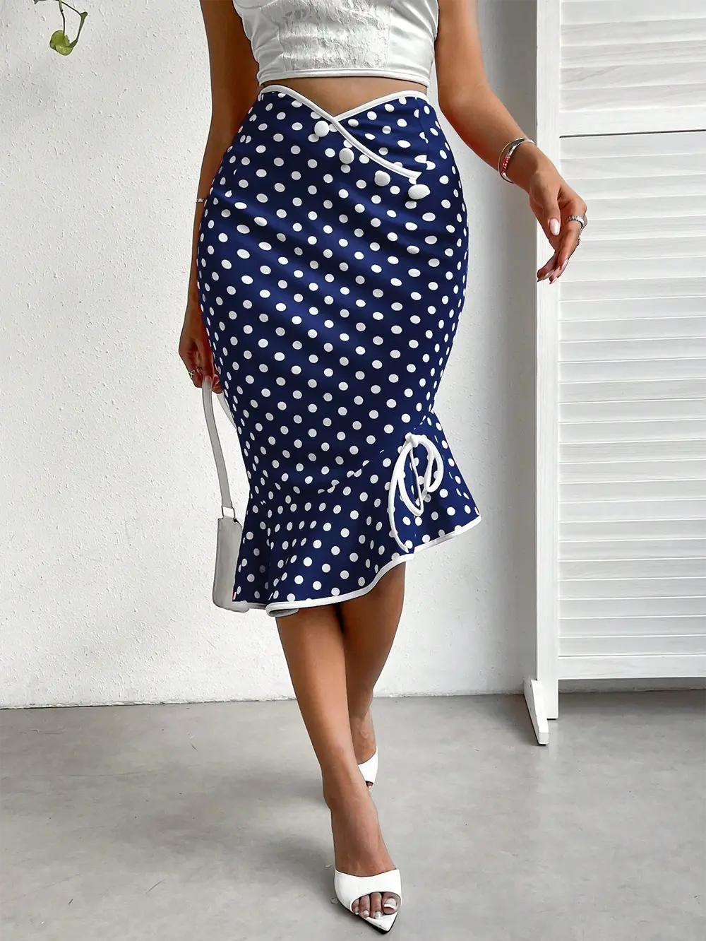 Vintage Navy Blue White Polka Dot Trumpet Maxi Skirt With Bow High Waist Fashion Bodycon Slim Fit Fishtail Skirt For Women Black