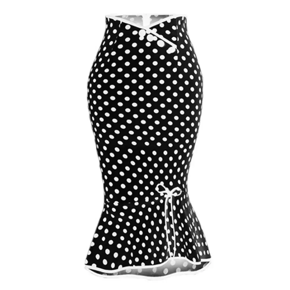 Vintage Navy Blue White Polka Dot Trumpet Maxi Skirt With Bow High Waist Fashion Bodycon Slim Fit Fishtail Skirt For Women Black