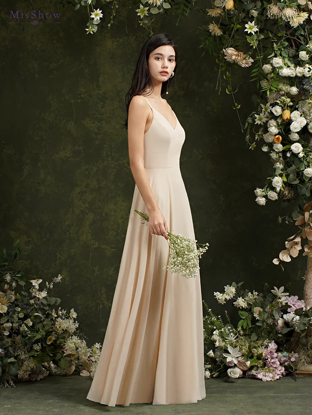 MisShow Chiffon Lace Evening Dresses V Neck Spaghetti Straps Elegant Sleeveless Formal Party Prom Gowns Robe De Soiree Longue