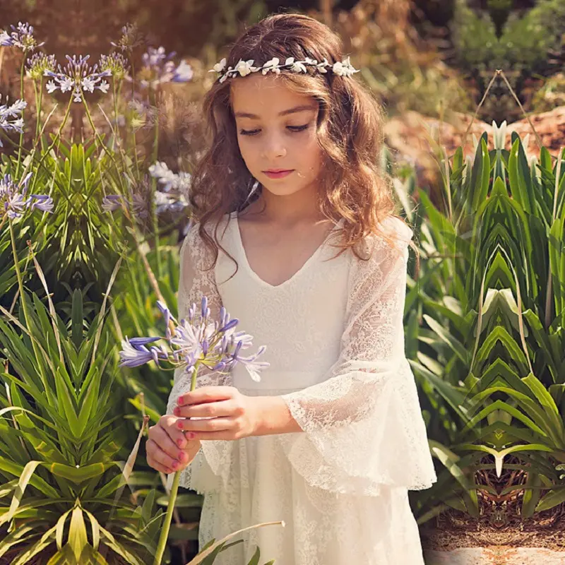 Princess Girls Lace Chiffon Long Dresses Kids Flower Girl Wedding Dress Summer Boho Birthday Party Wedding Dress For 2-14 Years