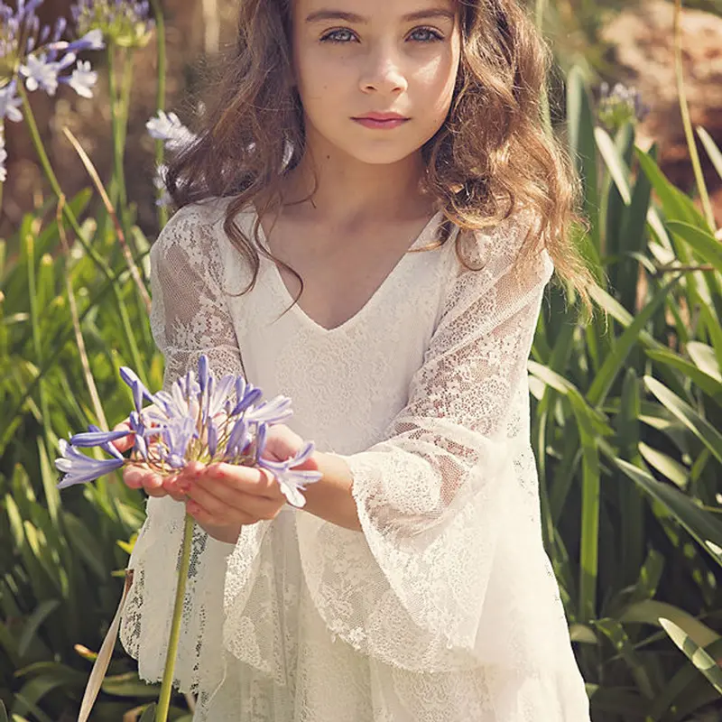 Princess Girls Lace Chiffon Long Dresses Kids Flower Girl Wedding Dress Summer Boho Birthday Party Wedding Dress For 2-14 Years