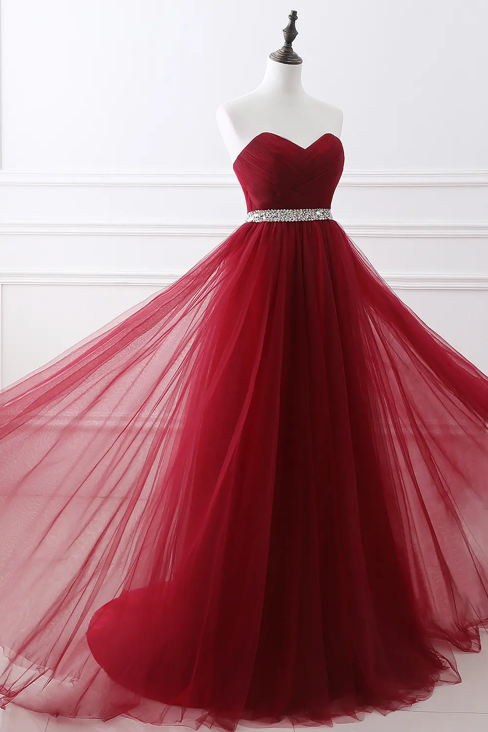 Burgundy Tulle Evening Dresses Lace Up Crystal Sequined Formal Party Sexy Sleeveless Prom Gowns White Black Vestido De Fiesta