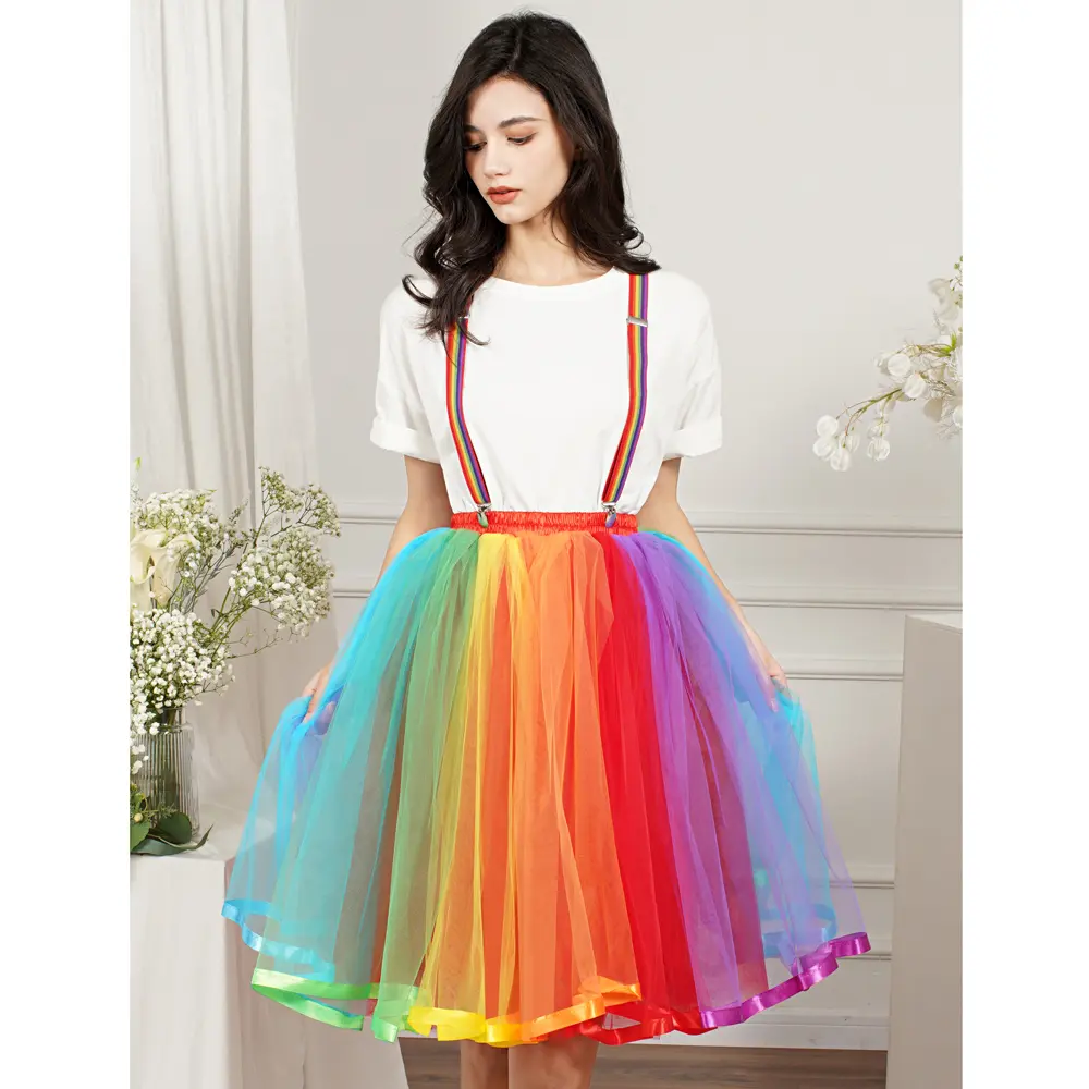 Colorful Women Rainbow Short Skirt High Elastic Band 5 Layers Soft Tulle Tutu Crinoline Underskirt Girls Prom Party Ball Gown