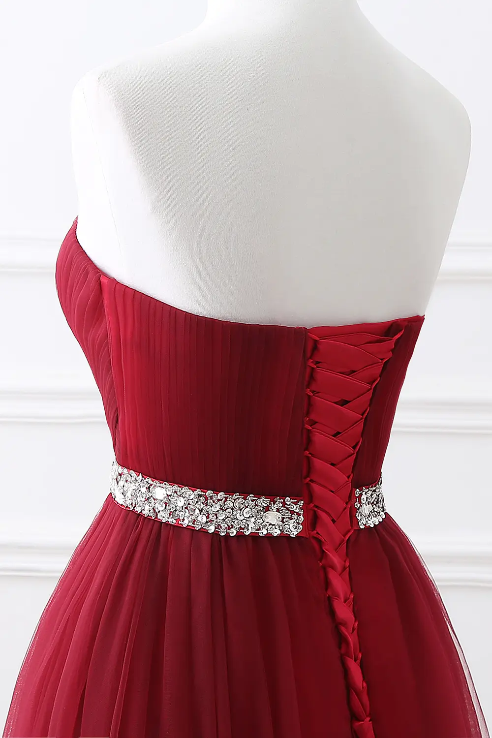 Burgundy Tulle Evening Dresses Lace Up Crystal Sequined Formal Party Sexy Sleeveless Prom Gowns White Black Vestido De Fiesta