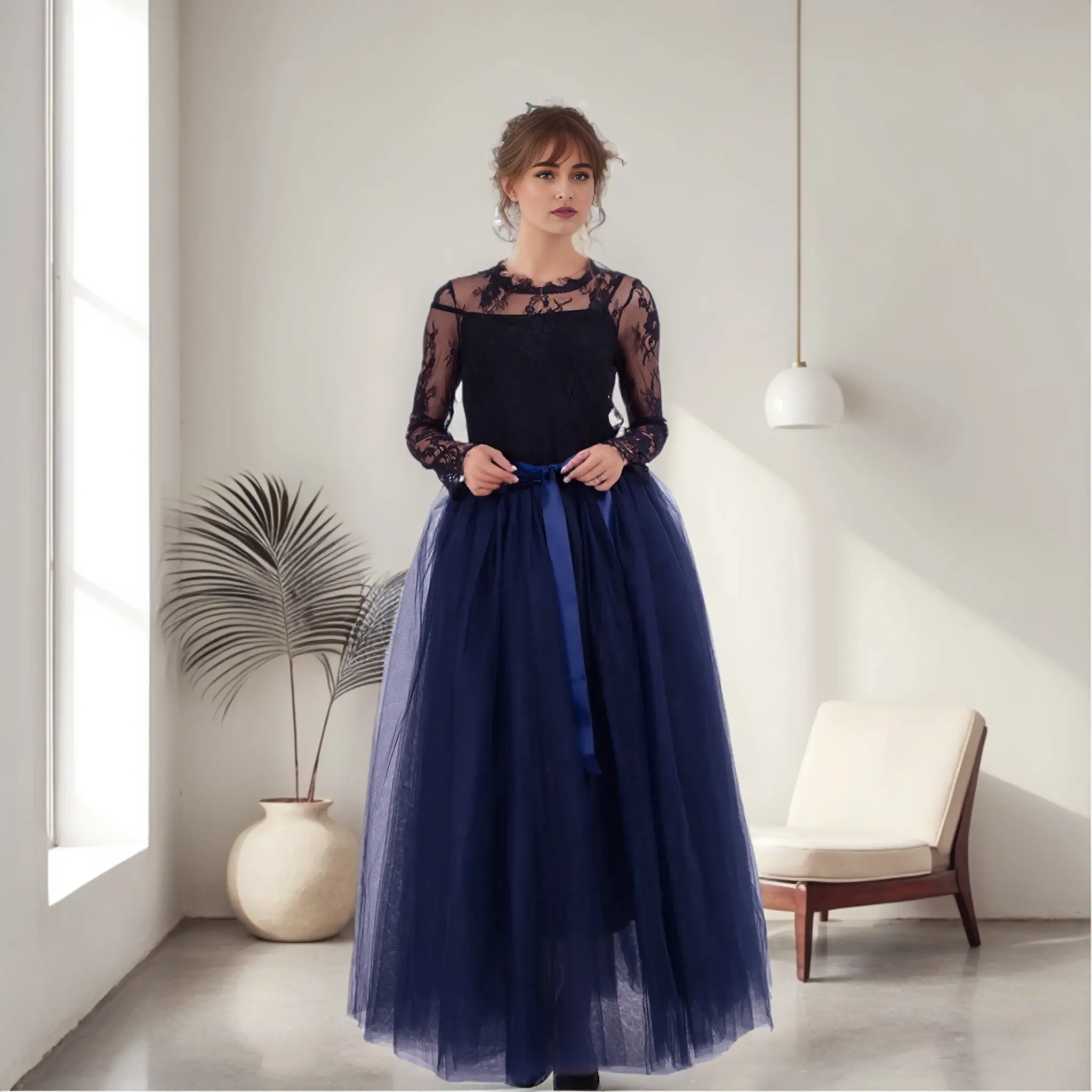 MisShow Maxi Tutu Skirts Fluffy 7 Layers Tulle Elastic Waist Fairy Skirt With Ribbon Sashes A-Line 100cm Dance Skirts Petticoat