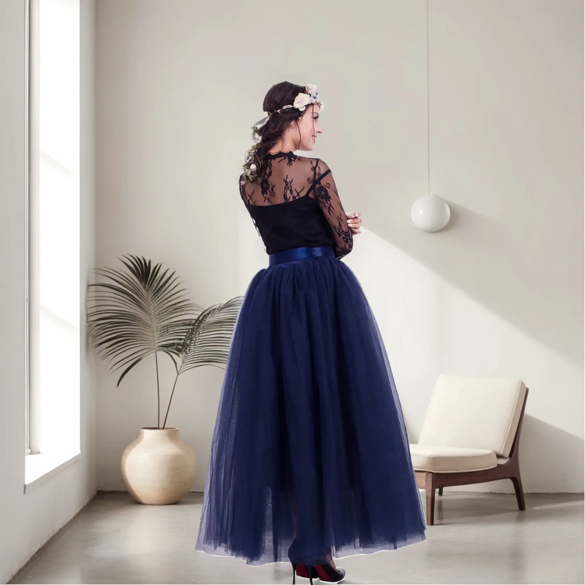 MisShow Maxi Tutu Skirts Fluffy 7 Layers Tulle Elastic Waist Fairy Skirt With Ribbon Sashes A-Line 100cm Dance Skirts Petticoat