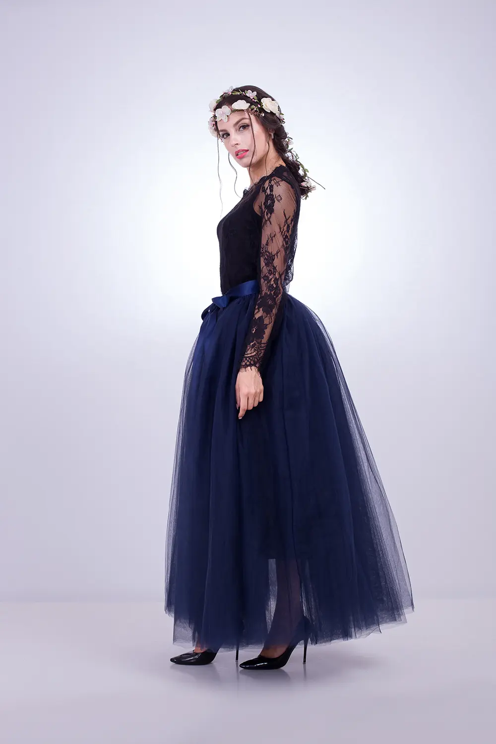 MisShow Maxi Tutu Skirts Fluffy 7 Layers Tulle Elastic Waist Fairy Skirt With Ribbon Sashes A-Line 100cm Dance Skirts Petticoat