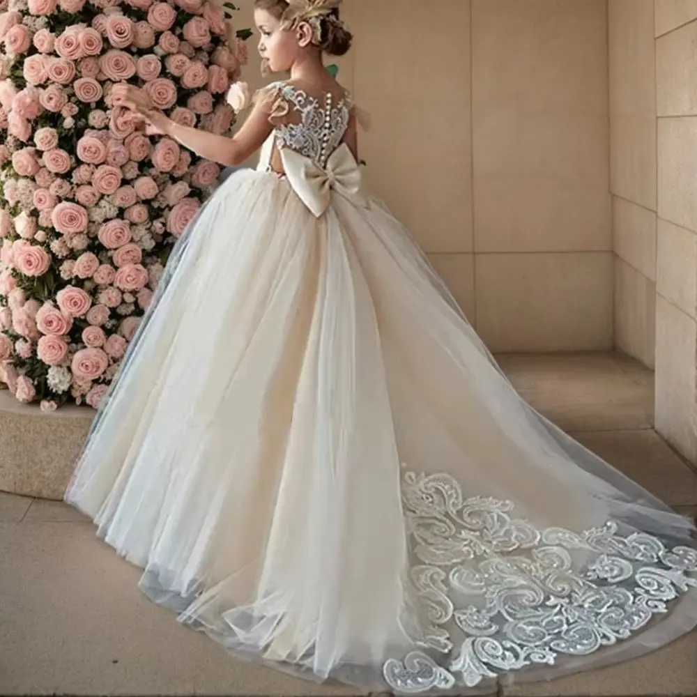 MisShow Wedding Flower Girl Dresses Lace Appliques O-Neck Sleeveless Kids Princess Dress Tulle Button-Back Bow Train Ball Gowns