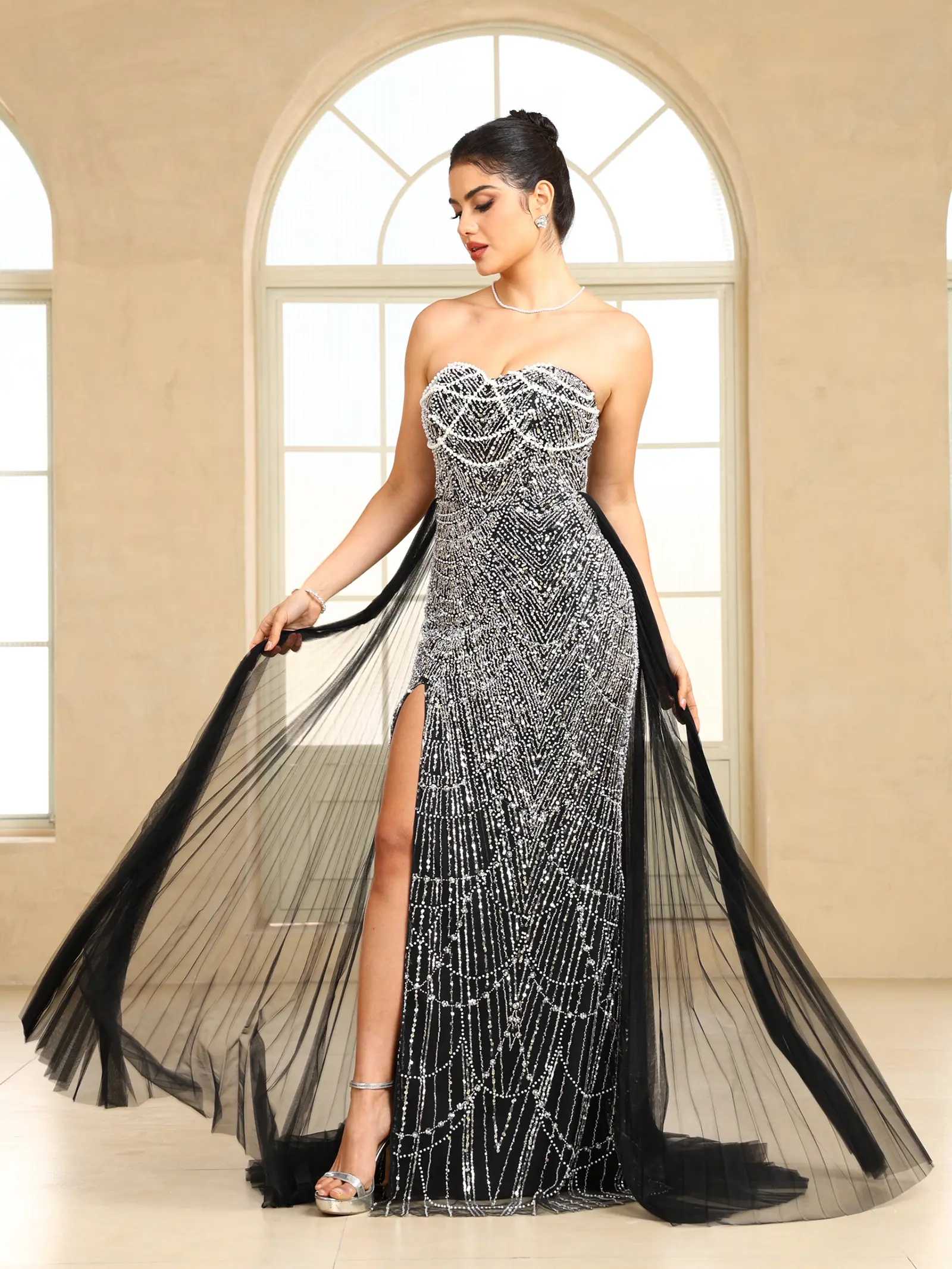 MisShow Black Beaded Mermaid Dresses Luxury Sequins Beading Strapless Evening Dress Sheer Bandage Backless Split Train Prom Gown