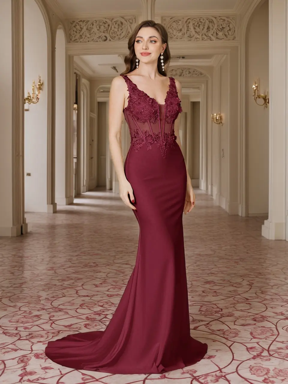 MisShow Elegant Mermaid Dress Burgundy Lace Applique Strap V-Neck Evening Dresses Sexy Illusion Backless Train Formal Party Gown