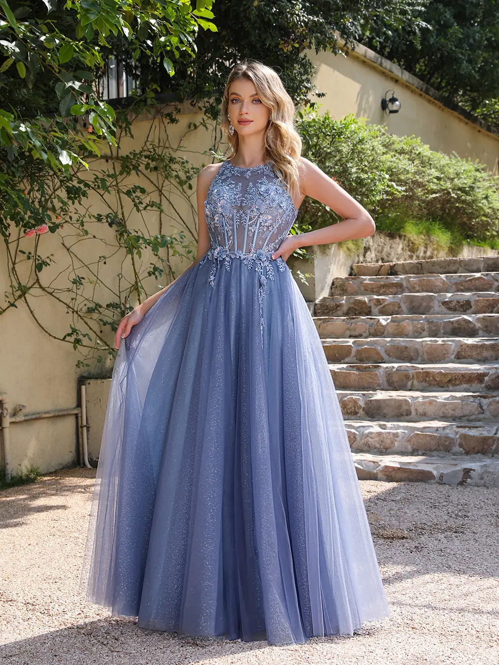 Dusty Blue Shiny Evening Dresses Sexy Illusion Appliques O-Neck Fish Bone Backless Halter Gowns Twinkle Tulle Prom Party Dress