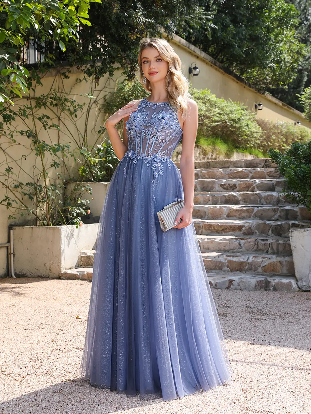 Dusty Blue Shiny Evening Dresses Sexy Illusion Appliques O-Neck Fish Bone Backless Halter Gowns Twinkle Tulle Prom Party Dress